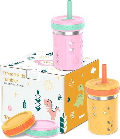 Tronco [4 Pack] 10 oz 2-in-1 Stainless Steel Kids Tumbler Cups with Silicone Sleeves, Spill-Resistant Flexible Straws & Storage Lids, BPA-Free Smoothie and Snack Cups, Dishwasher Safe in Kuwait
