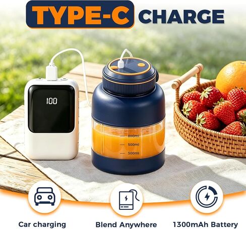 Portable Wireless Juicer Cup, 38 Blades USB Rechargeable Blender | 28Oz Dual Lid Leakproof Compact Travel Juicer Cup for Protein Shakes, Fruit Juice & Vegetables Office Outdoor(Blue-800ml) in Kuwait