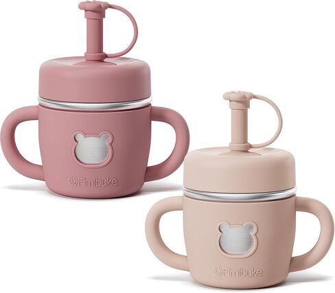 Fimibuke Sippy Cups for Toddlers, 10 OZ Spill Proof Stainless Steel Kid Cup | Leak Proof Toddler Tumbler with Handle, Silicone Straw & Sleeve, BPA Free Dishwasher Safe Girl Boy Kids Water Bottle, 2 Packs in Kuwait