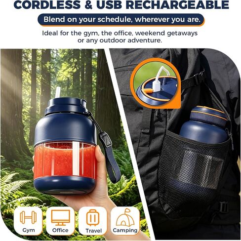 Portable Wireless Juicer Cup, 38 Blades USB Rechargeable Blender | 28Oz Dual Lid Leakproof Compact Travel Juicer Cup for Protein Shakes, Fruit Juice & Vegetables Office Outdoor(Blue-800ml) in Kuwait