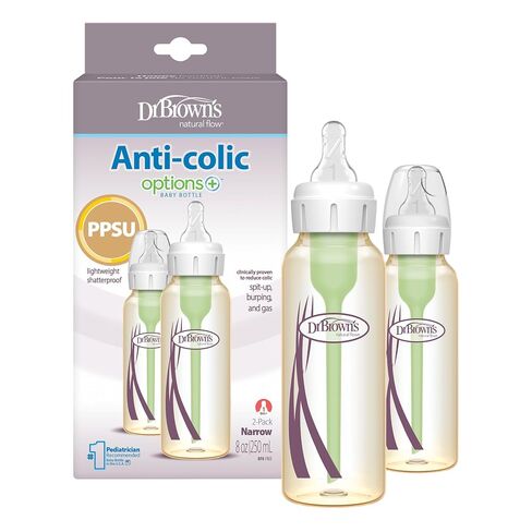 Dr. Brown's Anti-Colic Options+ Narrow PPSU Baby Bottle with Level 1 Slow Flow Nipples, Durable and Lightweight, BPA Free, 8 oz/250 ml, 2-Pack in Kuwait
