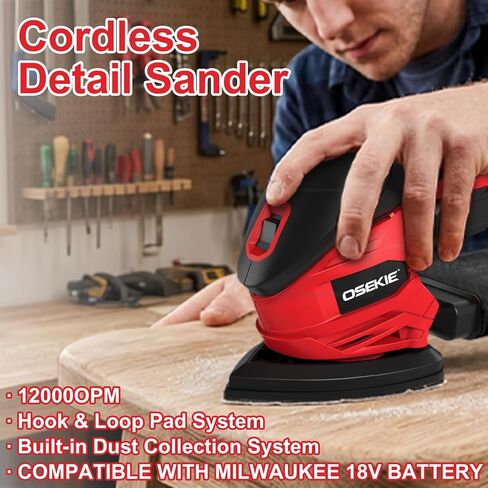 Cordless Detail Sander for Milwaukee M18 Battery (Tool Only) 12000 OPM | Compact Palm Sander with Dust Bag & 10 Pcs Sandpapers, Ergonomic Mouse Design for Woodworking, Detailing, Polishing in Kuwait