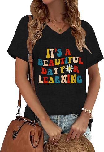 Teacher Life Shirts Women Teacher Gift V-Neck Short Sleeve T-Shirt It s a Beautiful Day for Learning Shirt in Kuwait