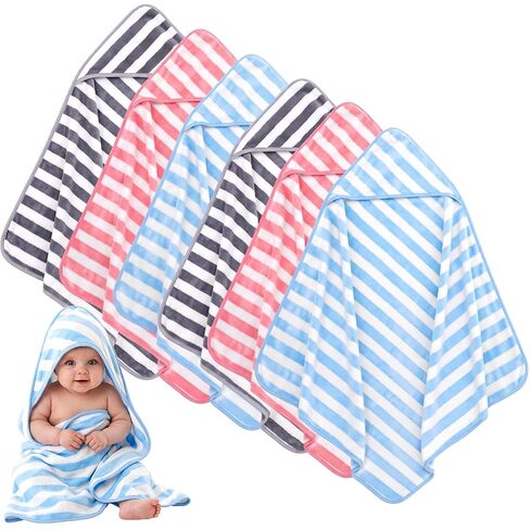 6 Pack Hooded Baby Towels - 32 x 32 Inch Coral Fleece Striped Receiving Blankets Soft Absorbent Newborn Bath Essentials for Infant Toddler Stroller Daycare for Boys Girls, Pink Blue Grey in Kuwait
