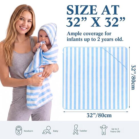 6 Pack Hooded Baby Towels - 32 x 32 Inch Coral Fleece Striped Receiving Blankets Soft Absorbent Newborn Bath Essentials for Infant Toddler Stroller Daycare for Boys Girls, Pink Blue Grey in Kuwait