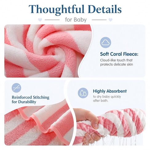 6 Pack Hooded Baby Towels - 32 x 32 Inch Coral Fleece Striped Receiving Blankets Soft Absorbent Newborn Bath Essentials for Infant Toddler Stroller Daycare for Boys Girls, Pink Blue Grey in Kuwait