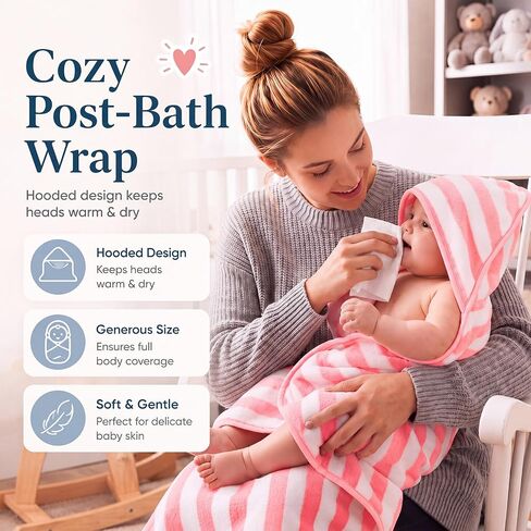 6 Pack Hooded Baby Towels - 32 x 32 Inch Coral Fleece Striped Receiving Blankets Soft Absorbent Newborn Bath Essentials for Infant Toddler Stroller Daycare for Boys Girls, Pink Blue Grey in Kuwait