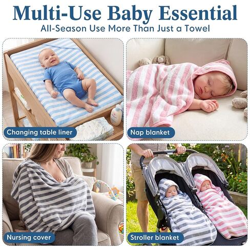 6 Pack Hooded Baby Towels - 32 x 32 Inch Coral Fleece Striped Receiving Blankets Soft Absorbent Newborn Bath Essentials for Infant Toddler Stroller Daycare for Boys Girls, Pink Blue Grey in Kuwait