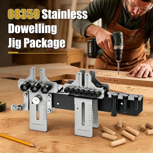 08359 Stainless Steel Dowel Jig Kit with 3/8" 1/4" 1/2" Drill Bits, 3-in-1 Dowel Jigs for Woodworking with 90°Right-Angle Bracket & Wall-Mounted Storage, Precision Drilling for Furniture Cabinet DIY in Kuwait