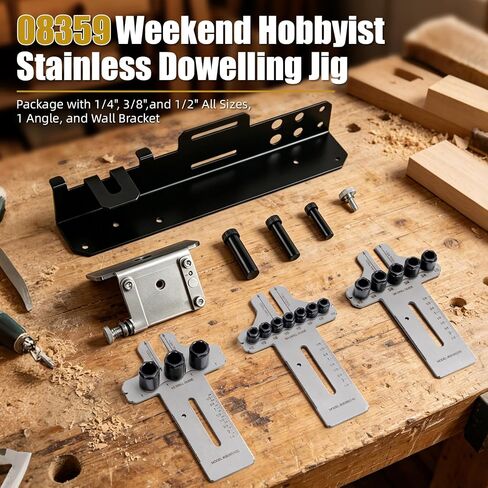 08359 Stainless Steel Dowel Jig Kit with 3/8" 1/4" 1/2" Drill Bits, 3-in-1 Dowel Jigs for Woodworking with 90°Right-Angle Bracket & Wall-Mounted Storage, Precision Drilling for Furniture Cabinet DIY in Kuwait