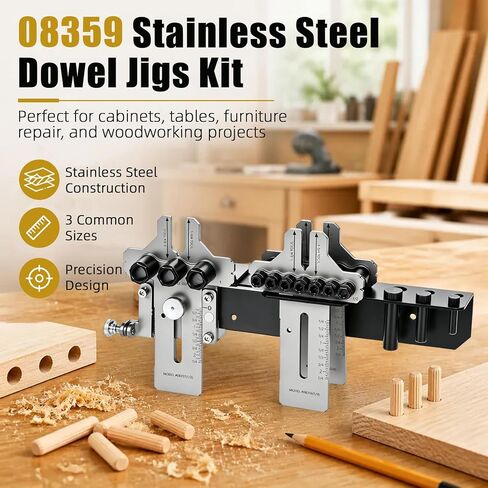 08359 Stainless Steel Dowel Jig Kit with 3/8" 1/4" 1/2" Drill Bits, 3-in-1 Dowel Jigs for Woodworking with 90°Right-Angle Bracket & Wall-Mounted Storage, Precision Drilling for Furniture Cabinet DIY in Kuwait