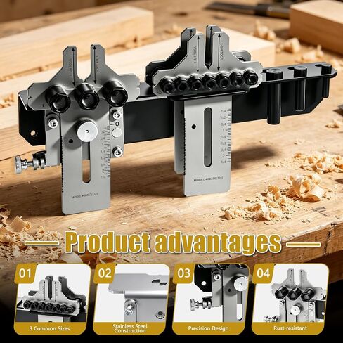08359 Stainless Steel Dowel Jig Kit with 3/8" 1/4" 1/2" Drill Bits, 3-in-1 Dowel Jigs for Woodworking with 90°Right-Angle Bracket & Wall-Mounted Storage, Precision Drilling for Furniture Cabinet DIY in Kuwait