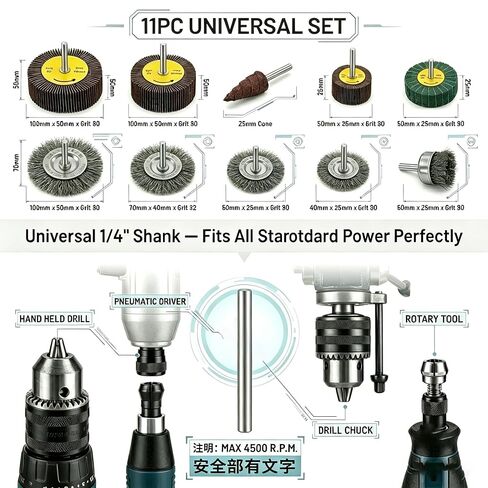 11-Piece Rotary Tool Accessories Kit, 1/4" Shank Drill Set | 80 Grit Flap Wheels, Heat-Treated Wire Brushes, Non-woven Abrasives, Rust Removal, Grinding and Polishing in Kuwait
