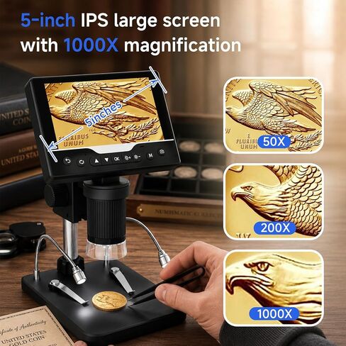 Digital Microscope 1000X, 5" HD Display,Coin＆Jewelry Magnifier | Adjustable LED Light, 3Hrs Working Time,12MP Photo Video, Support 4TB TF Card＆ USB PC View and Transfer for Collectors in Kuwait
