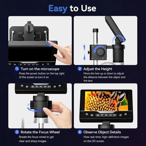 Digital Microscope 1000X, 5" HD Display,Coin＆Jewelry Magnifier | Adjustable LED Light, 3Hrs Working Time,12MP Photo Video, Support 4TB TF Card＆ USB PC View and Transfer for Collectors in Kuwait