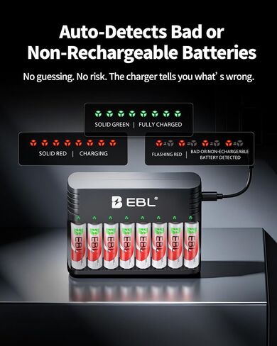 EBL Smart 8-Slot Battery Charger for AA AAA Rechargeable Batteries, Type-C Input, Works with 1.2V Ni-MH/Ni-CD & 1.5V Lithium Rechargeable Batteries in Kuwait