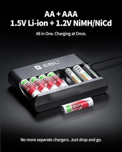 EBL Smart 8-Slot Battery Charger for AA AAA Rechargeable Batteries, Type-C Input, Works with 1.2V Ni-MH/Ni-CD & 1.5V Lithium Rechargeable Batteries in Kuwait