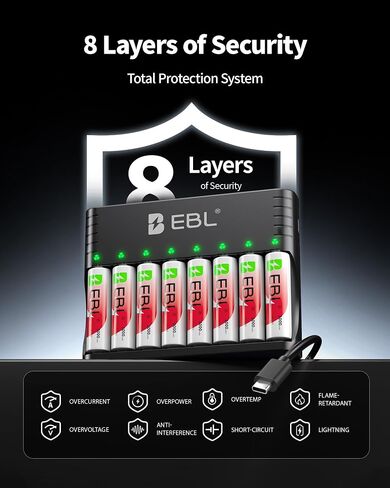 EBL Smart 8-Slot Battery Charger for AA AAA Rechargeable Batteries, Type-C Input, Works with 1.2V Ni-MH/Ni-CD & 1.5V Lithium Rechargeable Batteries in Kuwait