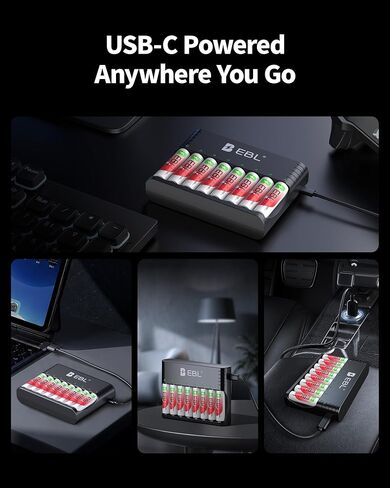 EBL Smart 8-Slot Battery Charger for AA AAA Rechargeable Batteries, Type-C Input, Works with 1.2V Ni-MH/Ni-CD & 1.5V Lithium Rechargeable Batteries in Kuwait