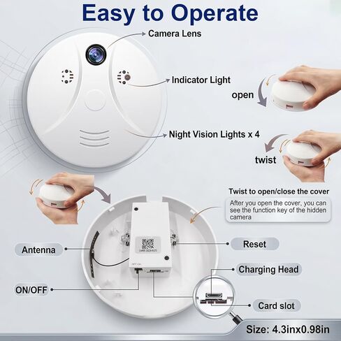 Hidden Spy Smoke Detector Camera, Indoor Wireless Nanny Cam | Hd 1080p, Motion Detection, Loop Recording, Wifi Connectionl, Night vision function, Visible Ceiling Mount For Home/Office in Kuwait