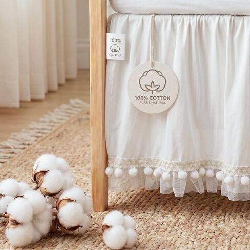 Baby Crib Skirt 100% Cotton with Pompoms Pleated Dust Ruffle for Unisex Baby Boys or Girls Soft Breathable Nursery Crib Toddler Standard Bedding Skirt 28" x 52" with 14" Drop (White) in Kuwait