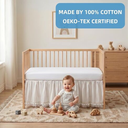 Baby Crib Skirt 100% Cotton with Pompoms Pleated Dust Ruffle for Unisex Baby Boys or Girls Soft Breathable Nursery Crib Toddler Standard Bedding Skirt 28" x 52" with 14" Drop (White) in Kuwait