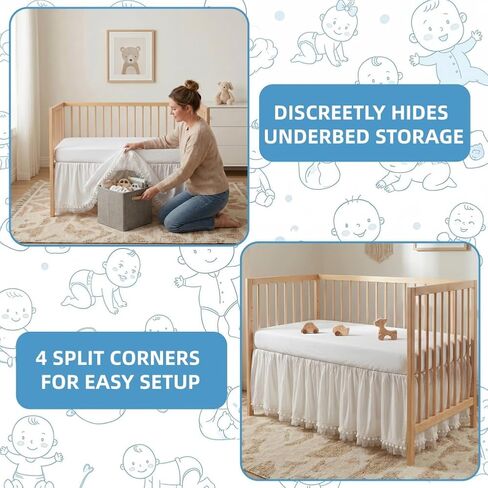 Baby Crib Skirt 100% Cotton with Pompoms Pleated Dust Ruffle for Unisex Baby Boys or Girls Soft Breathable Nursery Crib Toddler Standard Bedding Skirt 28" x 52" with 14" Drop (White) in Kuwait