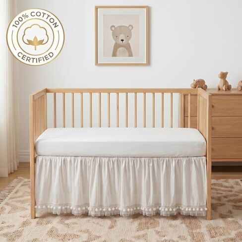 Baby Crib Skirt 100% Cotton with Pompoms Pleated Dust Ruffle for Unisex Baby Boys or Girls Soft Breathable Nursery Crib Toddler Standard Bedding Skirt 28" x 52" with 14" Drop (White) in Kuwait