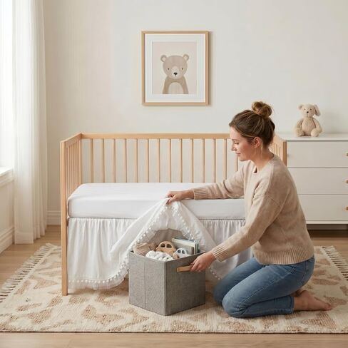 Baby Crib Skirt 100% Cotton with Pompoms Pleated Dust Ruffle for Unisex Baby Boys or Girls Soft Breathable Nursery Crib Toddler Standard Bedding Skirt 28" x 52" with 14" Drop (White) in Kuwait