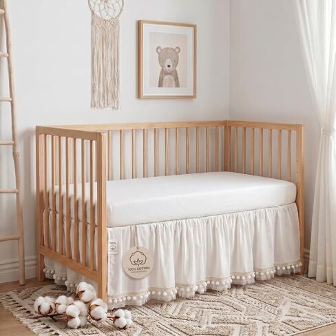 Baby Crib Skirt 100% Cotton with Pompoms Pleated Dust Ruffle for Unisex Baby Boys or Girls Soft Breathable Nursery Crib Toddler Standard Bedding Skirt 28" x 52" with 14" Drop (White) in Kuwait