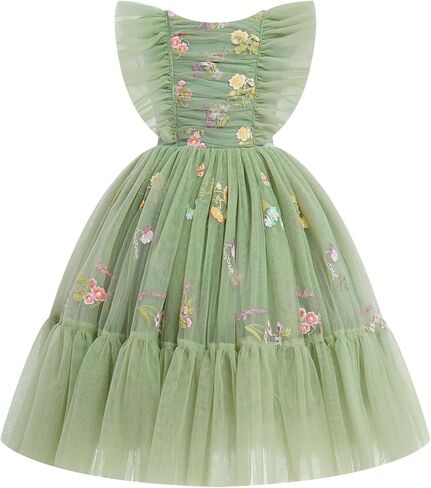 IDOPIP Toddler Girls Tulle Birthday Dress Floral Embroidered Princess Pageant Summer Smocked Dresses for Party Wedding 1-6T in Kuwait