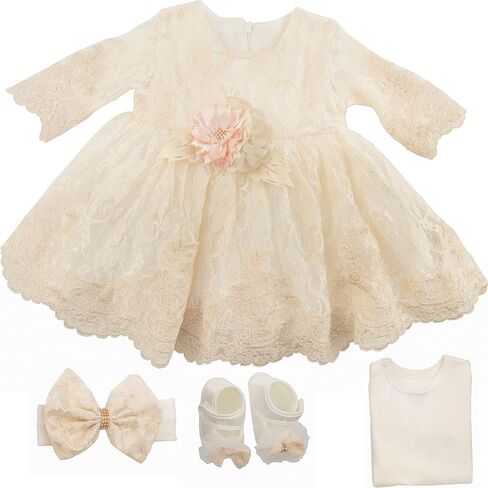 Newborn Baby Girl Lace Dress Set, 4 Pieces Outfit for Special Occasions (US, Age, 0 Months, Gold, Ivory (with Gift Box)) in Kuwait