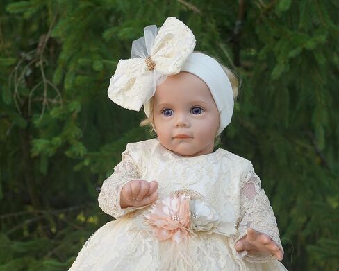 Newborn Baby Girl Lace Dress Set, 4 Pieces Outfit for Special Occasions (US, Age, 0 Months, Gold, Ivory (with Gift Box)) in Kuwait