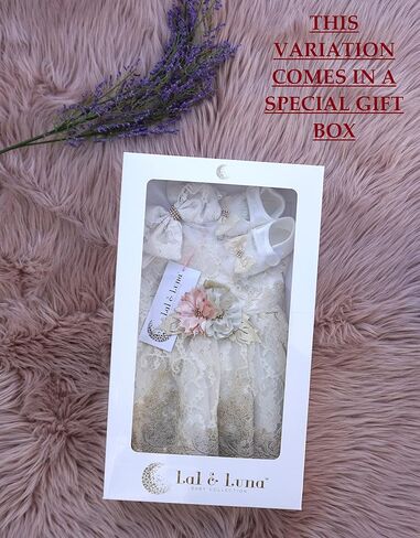 Newborn Baby Girl Lace Dress Set, 4 Pieces Outfit for Special Occasions (US, Age, 0 Months, Gold, Ivory (with Gift Box)) in Kuwait