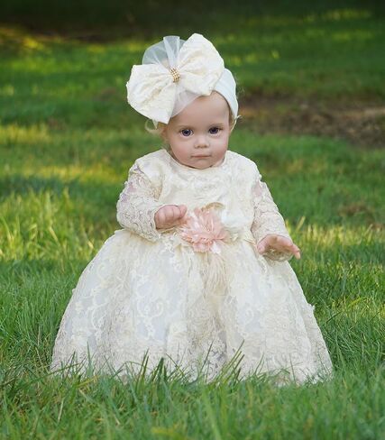 Newborn Baby Girl Lace Dress Set, 4 Pieces Outfit for Special Occasions (US, Age, 0 Months, Gold, Ivory (with Gift Box)) in Kuwait