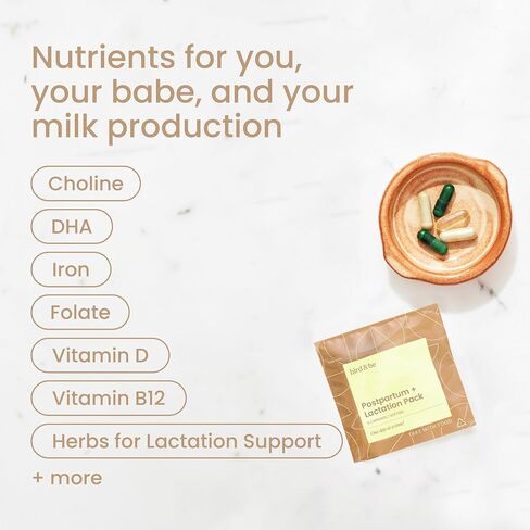 bird&be The Postpartum with Lactation Boost - Vitamins to Support Hormones, Recovery and Milk Supply for Chest/Breastfeeding - Includes DHA (Omega-3), Iron, Choline, B12-30-Day Supply in Kuwait