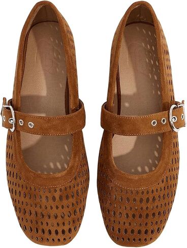 OYOANGLE Women's Hollow Out Suede Ballet Flats Square Toe Buckle Strap Dressy Ballerina Shoes in Kuwait