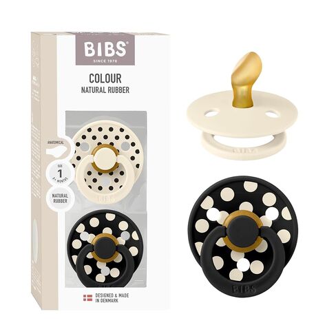 BIBS Colour Polka Dots Pacifier, 0-6 Months, 2-Pack, Blossom/Candy Apple | Anatomical Natural Rubber Nipple | Size 1 | BPA-Free | Made in Denmark | High Nipple Acceptance | Airflow Holes in Kuwait