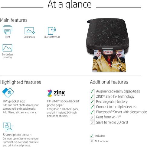 HP Sprocket Portable Photo Printer (2nd Edition) Â Instantly Print 2x3 Sticky-Backed Photos from Your Phone Â [Noir] [1AS86A] (Renewed) in Kuwait