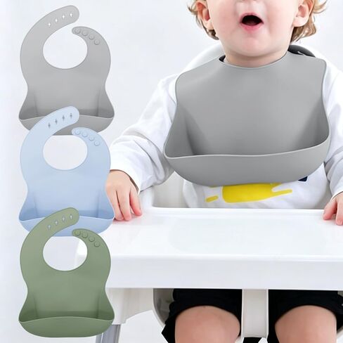 Set of 3 Silicone Bibs for Babies Toddler, Soft Adjustable Bibs for Baby Girl, Boy, BPA Free in Kuwait