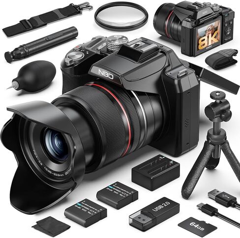 8K & 64MP Digital Camera for Photography, 48X Zoom (16X Optical + 3X Digital) with Moon Mode, 180° Flip Screen, WiFi, Micro HDMI, 64GB Card & 2 Batteries, Vlogging Camera for YouTube (Black) in Kuwait
