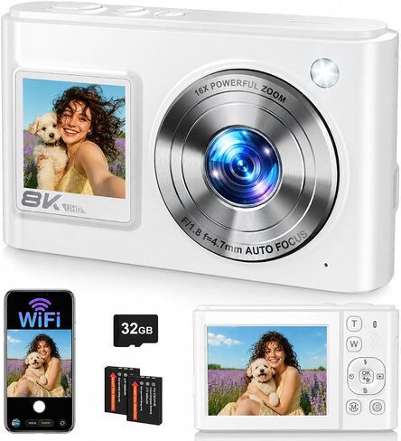 8K Digital Camera, 96MP WiFi Camera for Photography with Dual Screen(Black) | Autofocus, Anti-Shake, 16X Zoom, Vlogging Point Shoot Camera for Teens, Beginners, Travel, 2 Batteries, 32GB Card in Kuwait