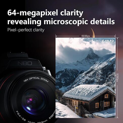 8K & 64MP Digital Camera for Photography, 48X Zoom (16X Optical + 3X Digital) with Moon Mode, 180° Flip Screen, WiFi, Micro HDMI, 64GB Card & 2 Batteries, Vlogging Camera for YouTube (Black) in Kuwait