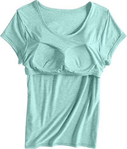 Shirt with Built in Bra Womens Soft Padded Stretch Solid Basic Tees | Moisture Wicking Workout Sport Yoga Shelf Bra T-Shirts Cotton Undershirts Short Sleeve Casual Going Out Tops Ladies Sleepwear in Kuwait