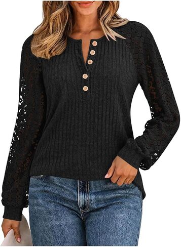 Womens Crochet Lace Raglan Long Sleeve Button Up Ribbed Knit Henley Tops | Ribbed Knit Tops for Women, Henley Shirts for Women, Versatile for Fall Winter Daily Casual Outfits in Kuwait