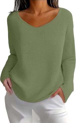 Womens Waffle Knit Tops Loose Drop Shoulder Long Sleeve V Neck Tunic Shirts | Textured Waffle Knit Shirt Women, Slouchy Blouses, Drop Shoulder Oversized Fit, Curved Hem, Daily Street Fall Outfits in Kuwait