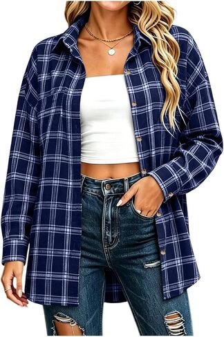 Women Plaid Long Sleeve Button Down Collar Shirts Casual Curved Hem Shacket | Plaid Shirts for Women, Classic Lapel Collar, Back Pleated Curved Hem, Versatile Layered Outfit for Fall Daily Street in Kuwait