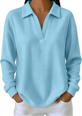 Womens Long Sleeve Waffle Knit Tops Fall Winter V Neck Lapel Collar Shirts | Waffle Knit Tops for Women, Classic Lapel Collar, Loose Fit Drop Shoulder, Daily Travel Street Casual Outfits in Kuwait