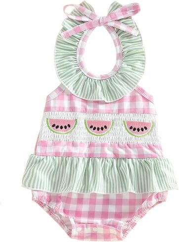 Baby Girl Swimsuit Plaid Watermelon Embroidered Tie-up Sleeveless Ruffle Bathing Suit One Piece Swimwear in Kuwait