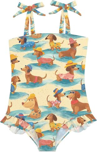 Fun Dachshund Toddler Swimsuit Girls Swimwear Bow Straps Ruffle Sling Adjustable One Piece Bathing Suits in Kuwait